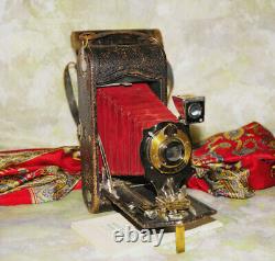 Antique 1909 Kodak Folding Pocket 1A Camera Model D Red Bellows/ Inst Book/Case