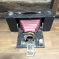 Kodak No. 3A Folding Brownie Camera, red bellows, brass lens, wooden antique