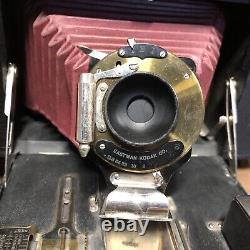 Kodak No. 3A Folding Brownie Camera, red bellows, brass lens, wooden antique